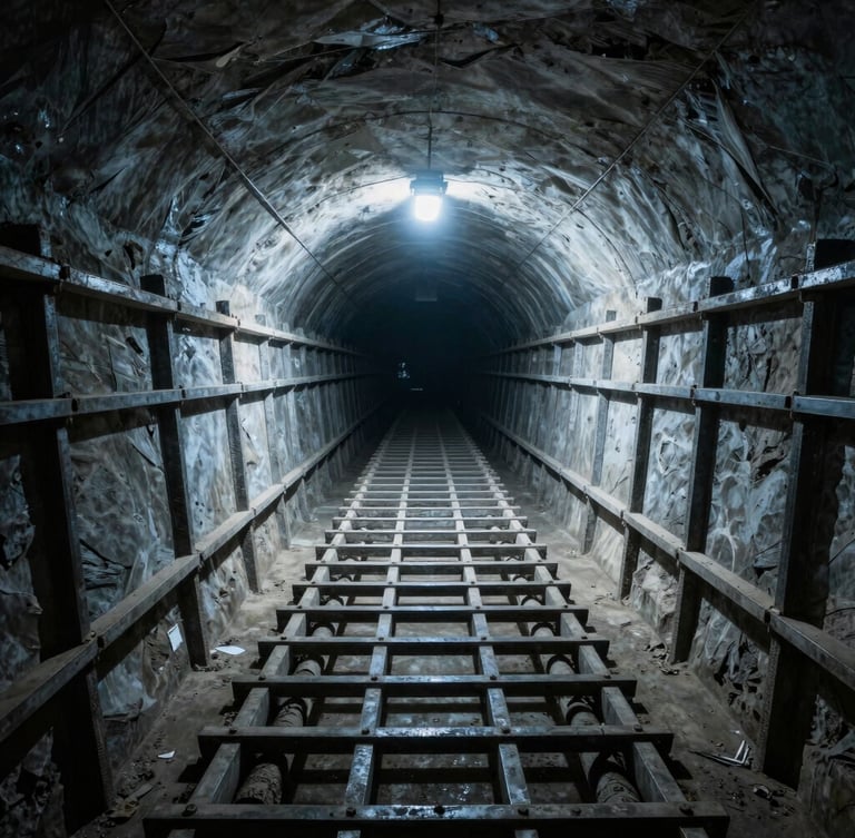 Wide-angle industrial documentary shot of a massive underground tunnel reinforcement cage under cool sodium-vapor lighting, heavy shadows.