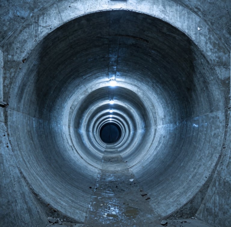 Wide-angle industrial documentary of deep alpine tunnel bore, massive concrete lining arches, cool blue subterranean light, high contrast.