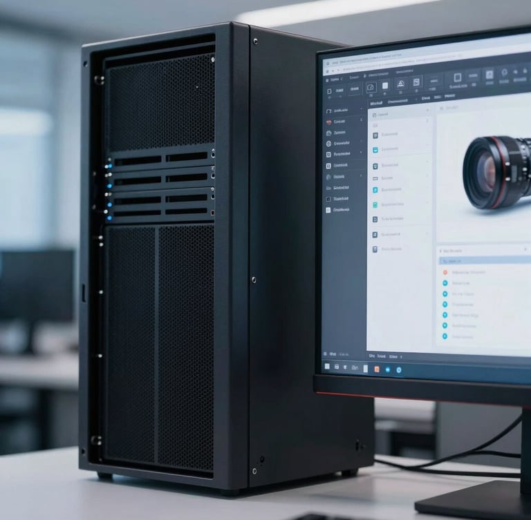 Crisp editorial photography, cool daylight with subtle blue ambient light, close detailed shot of a high-end design interface on a monitor next to a clean server rack, 35mm lens