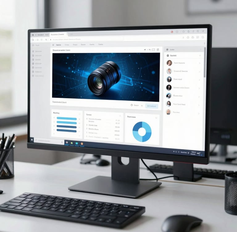 Crisp editorial photography of a high-end design interface on a large monitor, cool daylight with subtle blue ambient tech glows, clean organized desk, 35mm lens