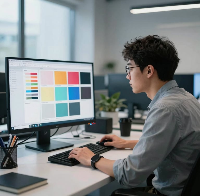 Focused professional designer collaborating in a modern organized workspace, looking at a color scheme on a screen, cool daylight, 35mm lens