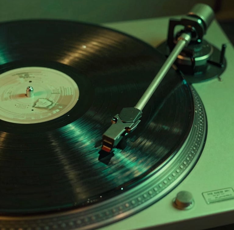 Extreme close-up of a vinyl record spinning on a turntable under harsh green neon lighting, high contrast, documentary style.
