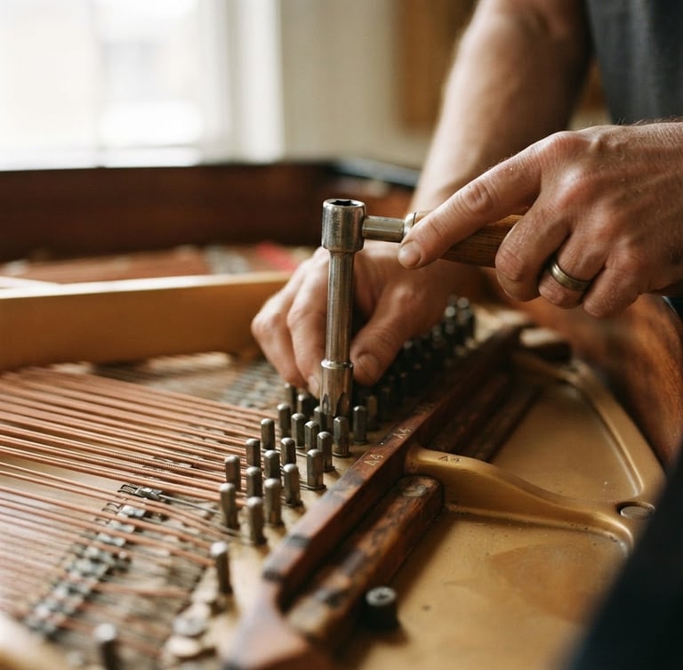 Macro detail of piano tuning pins and copper strings, hands with a tuning hammer, soft natural window light, warm editorial photography.