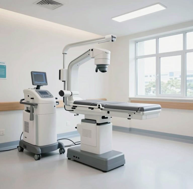 Bright clean modern hospital corridor with advanced diagnostic equipment, soft high-key clinical lighting, sharp 50mm lens perspective