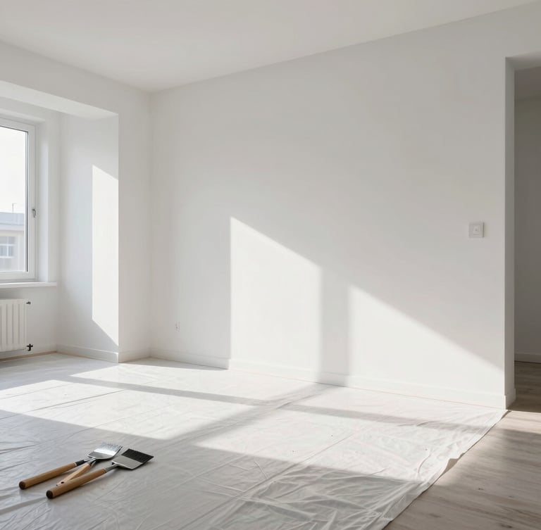 Wide environmental shot of a bright, modern Zagreb apartment with flawless white walls, natural sunlight highlighting smooth textures, and clean painting tools organized neatly on a protective floor sheet.