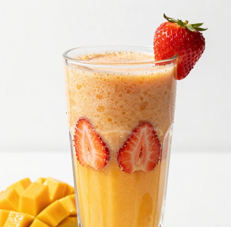 Macro close-up of a tall glass of layered mango and strawberry smoothie, thick condensation on the glass, fresh strawberry on the rim, bright sunlight casting sharp shadows