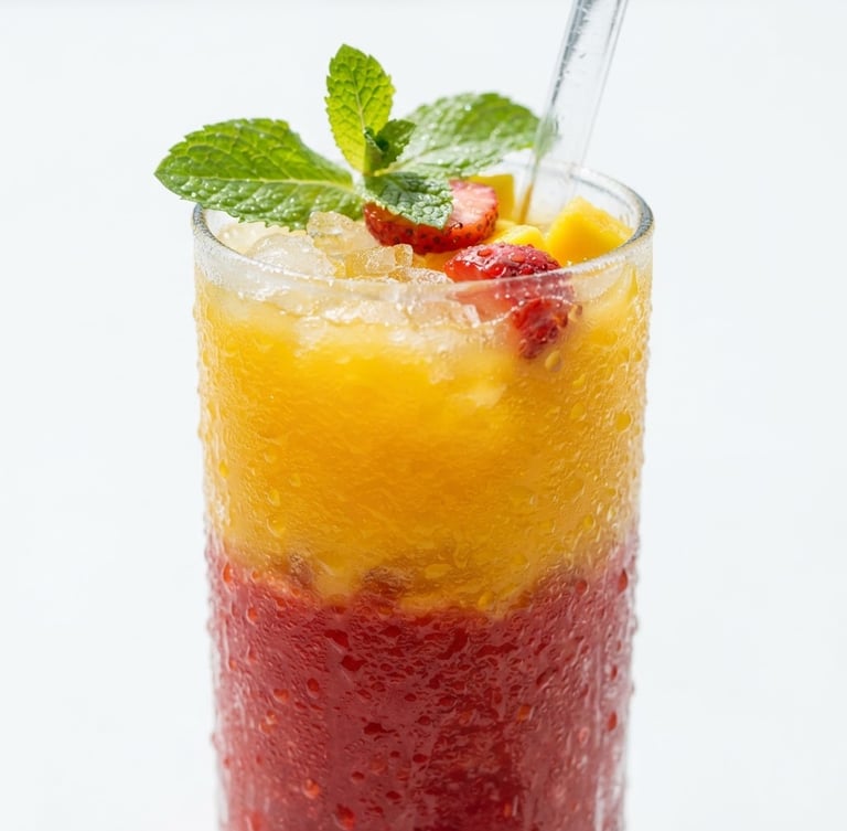 Macro close-up of a condensation-covered glass of layered mango and strawberry juice, fresh mint leaves, bright natural sunlight, clean white background, 50mm lens