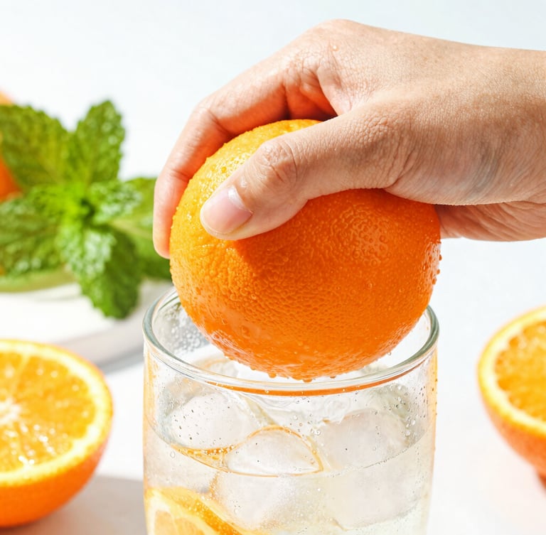 Close-up of a hand squeezing a fresh ripe orange into a condensation-covered glass filled with ice, bright natural morning sunlight, vibrant green mint leaves in background