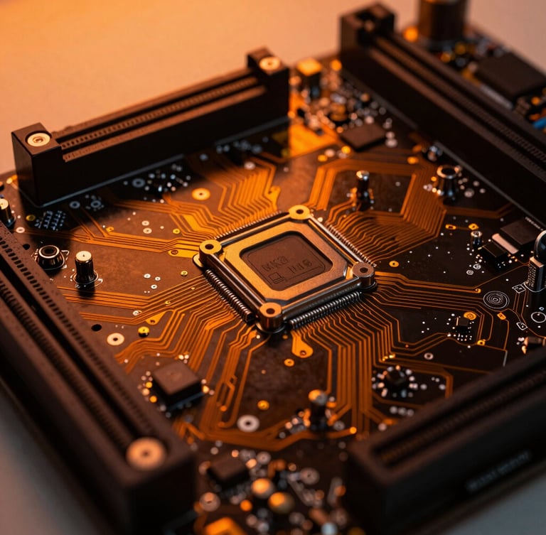 Macro shot of high-performance motherboard circuits, dark metallic surfaces, sharp orange ambient glow, dramatic studio backlighting