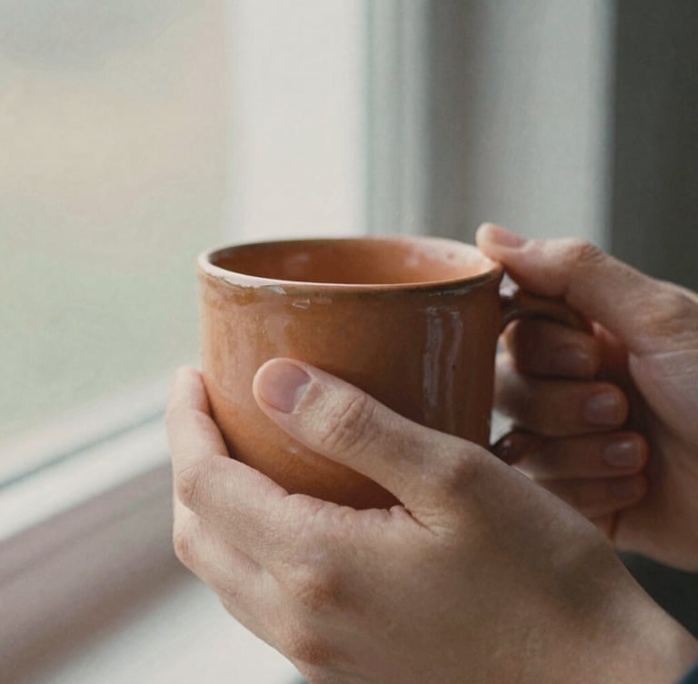 Close-up detail of hands holding a warm terracotta ceramic mug, soft morning light filtering through a window, shallow depth of field, warm editorial 35mm film style