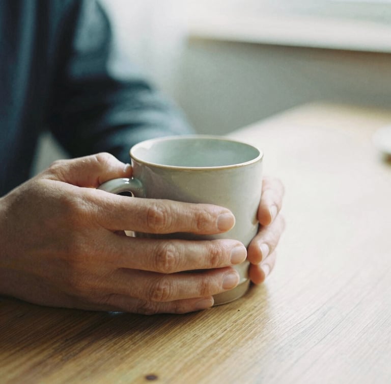 A close-up of hands wrapping a warm ceramic mug on a wooden table, soft diffused overcast daylight, muted tones, shallow depth of field