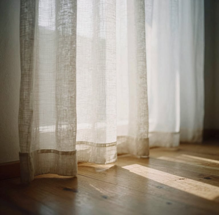 Sunlight filtering softly through a linen window curtain onto a clean wooden floor, quiet and calming atmosphere, muted earth tones
