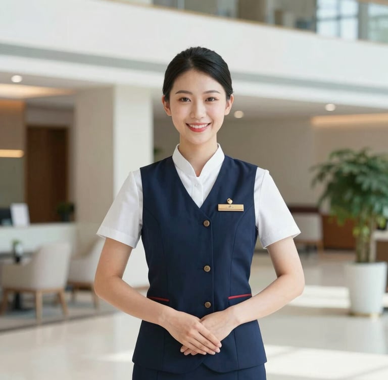 A professional hospitality worker in a clean uniform, smiling confidently in a bright modern hotel lobby, professional editorial photography, 35mm lens