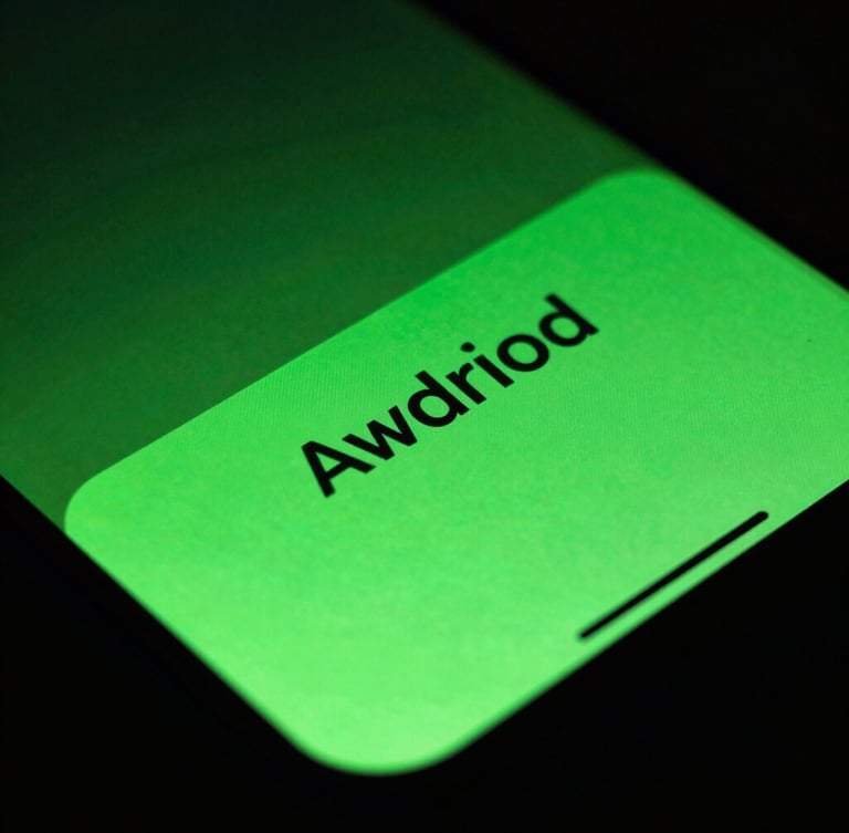 Macro shot of a physical Android screen showing high-contrast neon green UI transitions, low-key ambient screen glow, moody tech photography, 35mm.