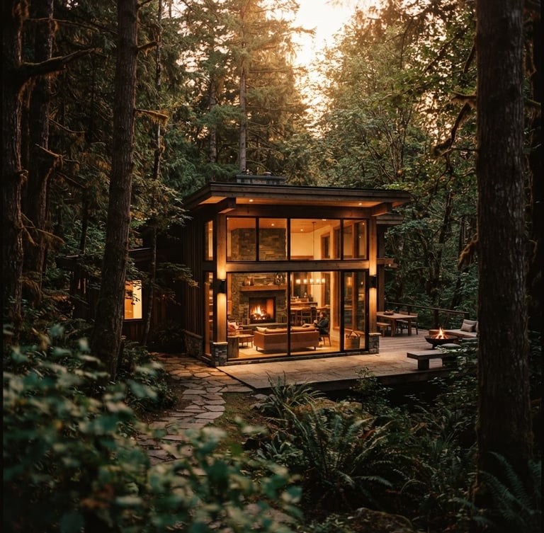 Warm editorial photography of a modern luxury lodge nestled in a deep forest glade, soft golden hour window light, rich deep tones, 35mm film