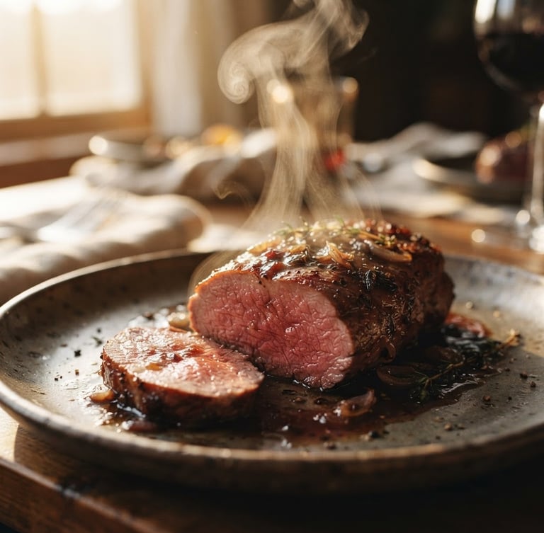 Tight macro shot of steam rising from a perfectly seared venison loin, rich wine reduction glaze, warm golden-hour window light, shallow depth of field, 35mm film.