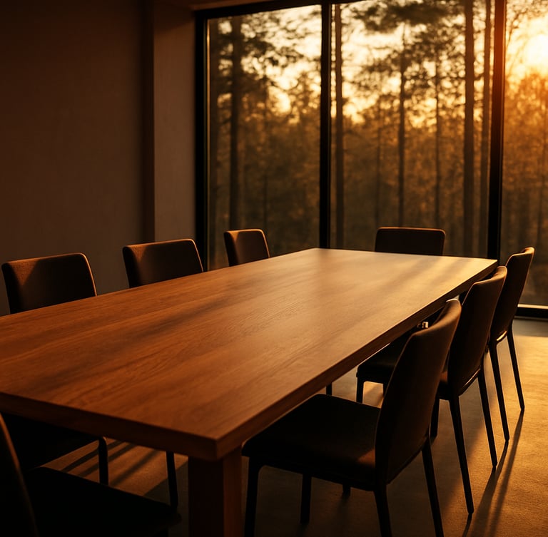 A sun-drenched modern boardroom with a long oak table, minimalist chairs, and large windows showing a pine forest at golden hour.