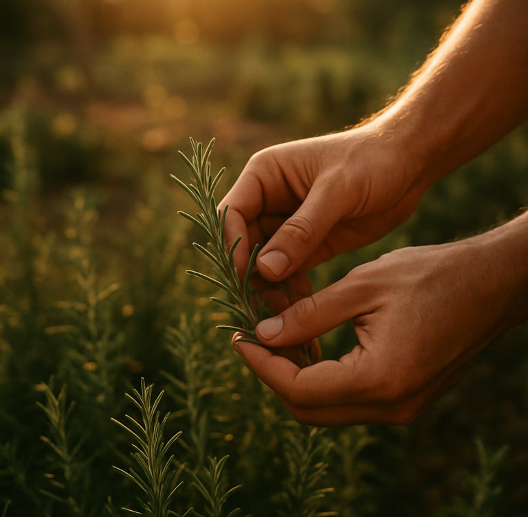 Hands gently harvesting fresh rosemary in a sun-drenched estate kitchen garden, soft golden hour backlighting, warm rich tones, 35mm film.