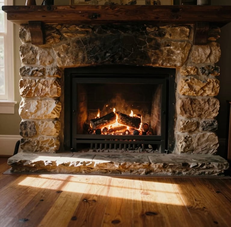 Close-up of a rustic stone fireplace with glowing embers, warm golden-hour window light casting long shadows across a polished oak floor, 35mm film style.