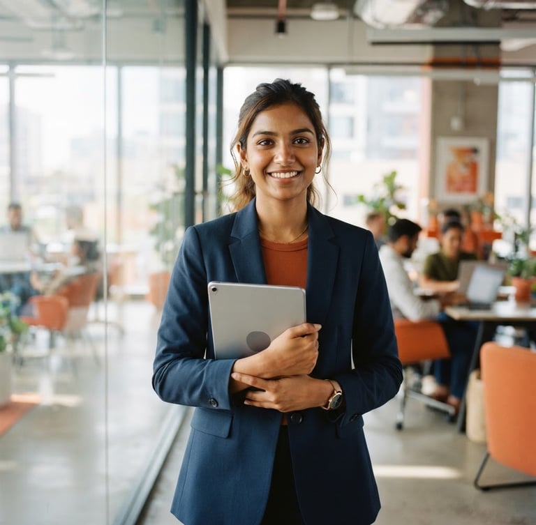 A portrait of a confident young Indian educational entrepreneur standing in a bright, modern, glass-walled technology office, holding a digital tablet, natural daylight, professional workspace, 35mm