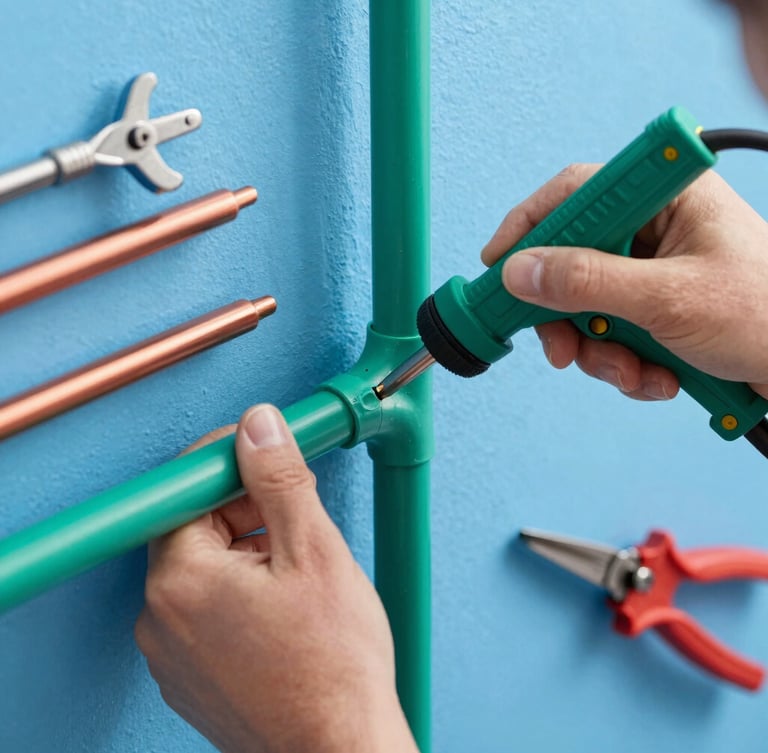 Close up colorful photograph of hands using a green heat-fusion tool to join green water pipes on a wall, bright vivid lighting, neat craftsmanship, tools neatly arranged around, hyperrealistic 8k