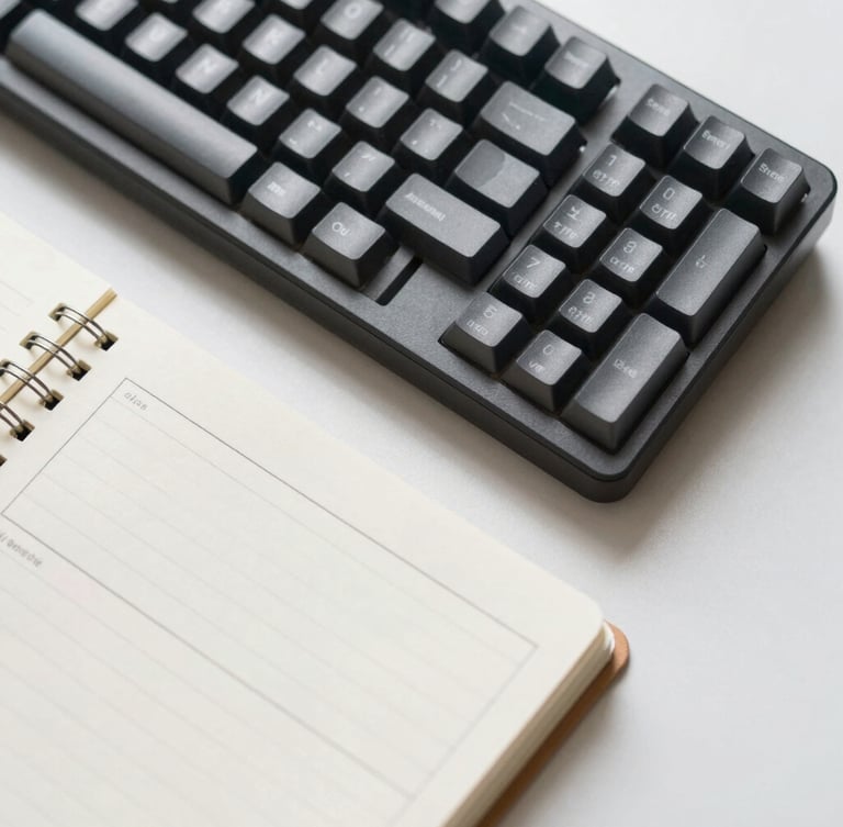 A top-down macro shot of a sleek mechanical keyboard next to a physical notebook showing a structured website copy outline, bright neutral morning light