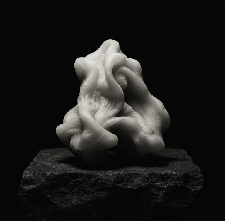 Dramatic low-key fine art photography of an unbroken alabaster silicone sculptural form casting deep velvet-like shadows on a dark stone plinth, Hasselblad medium format