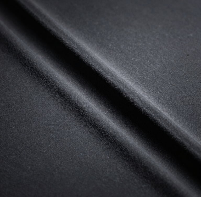 Extreme close-up macro shot of unbroken charcoal silicone texture, soft directional window light highlighting the velvet finish, deep shadows