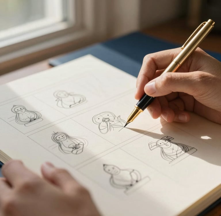 Close-up of hands sketching a storyboard on premium cream paper, elegant gold pen, soft window light, shallow depth of field