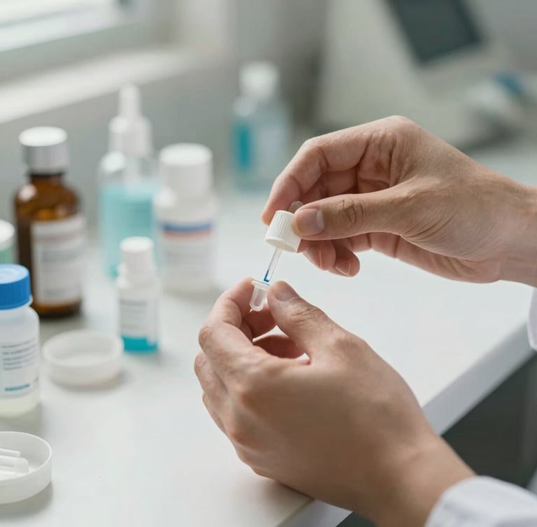 Close-up of hands organizing clinical supplies in a brightly lit local health clinic, natural ambient daylight, focused and clean composition.