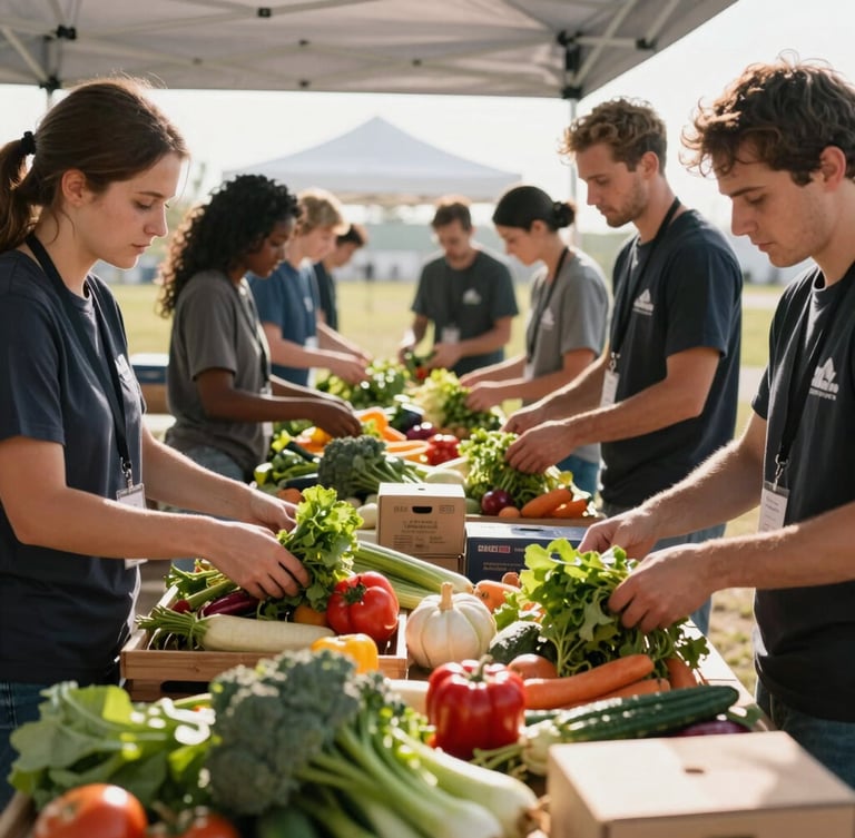 Wide environmental shot of a volunteer sorting fresh produce at a local food distribution hub, natural morning light, high contrast, hands-on focus.