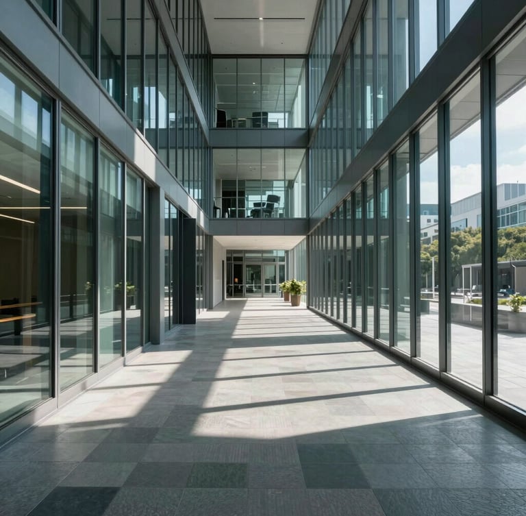 Architectural wide angle of a modern corporate glass office corridor, sharp shadows, focused cool daylight, clean lines.
