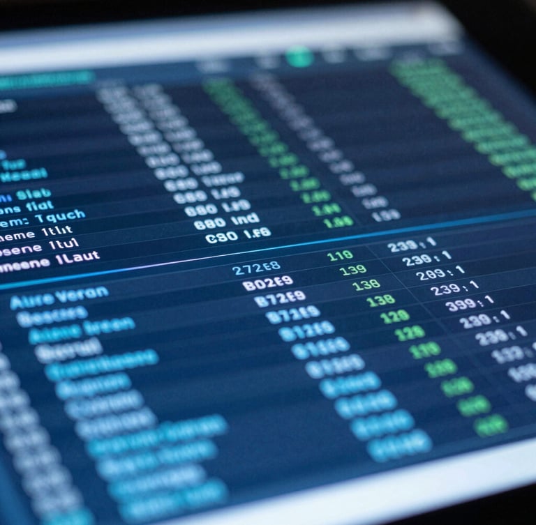 Tight macro shot of a crisp data dashboard on a physical screen, cool high-contrast blue light, analytical tools visible in the shallow depth of field.