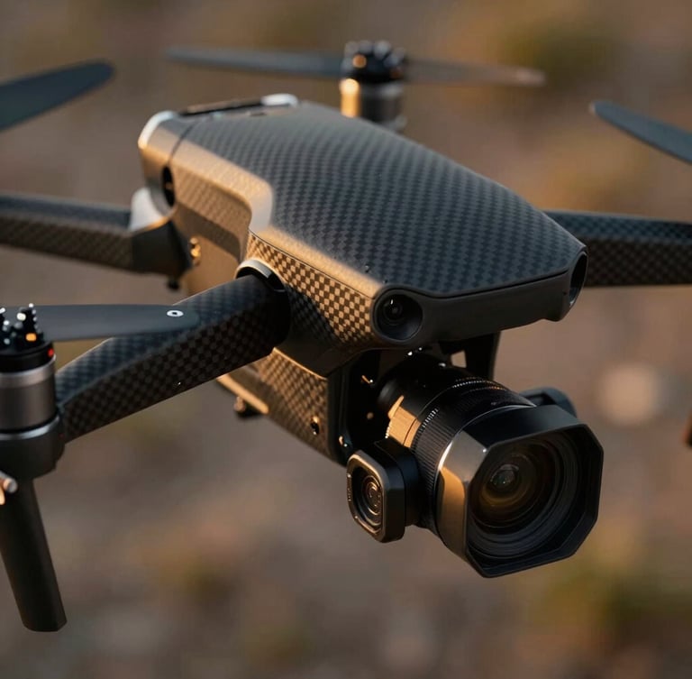 Close-up of a high-end professional cinema drone body, matte black carbon fiber construction, visible high-precision camera gimbal, dramatic studio lighting, high contrast