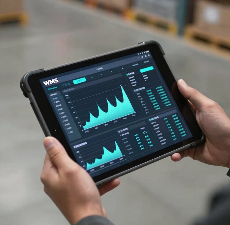 Close-up of a hand holding a rugged tablet displaying a real-time WMS dashboard with bright turquoise data charts, background of a clean warehouse floor.