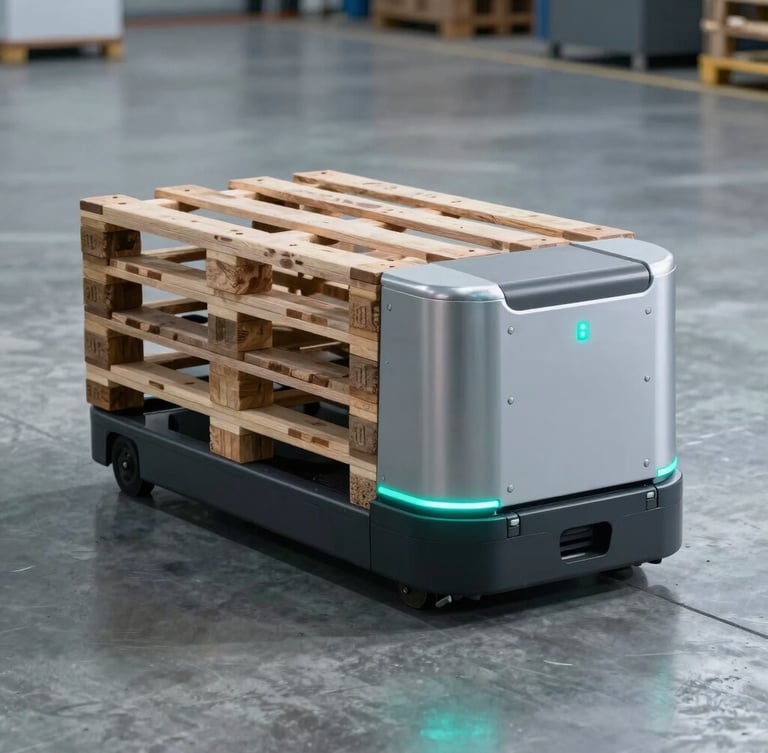 An automated guided vehicle carrying a heavy pallet across a clean concrete warehouse floor, cool silver lighting, turquoise LED indicator light glowing on its side.