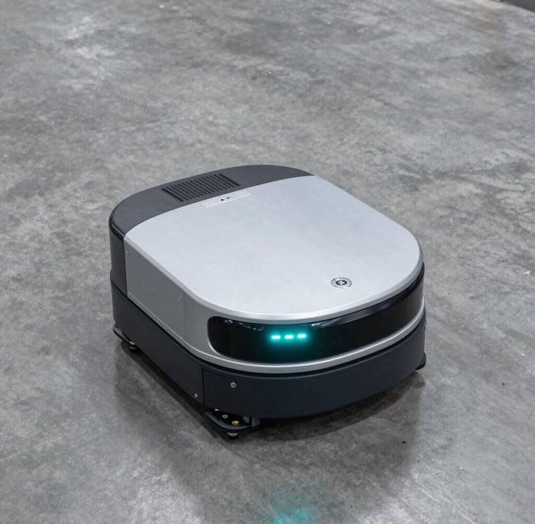 High-angle shot of an automated guided vehicle navigating a clean concrete warehouse floor, cool silver tones, turquoise LED indicator light glowing