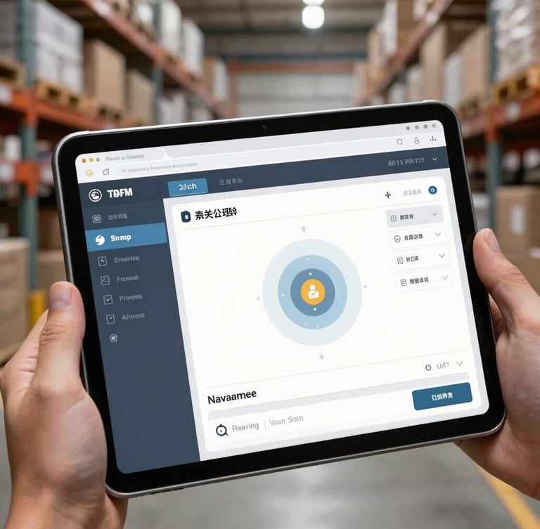 Close-up shot of a rugged tablet displaying a real-time warehouse management system dashboard, held by a hand in the foreground, background blurred warehouse bays.