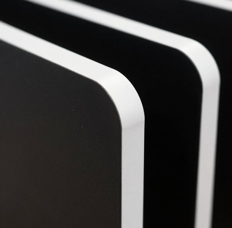 Extreme close-up of a rigid, ultra-matte step-and-repeat panel edge, showing crisp white borders and deep ink-black contrast.