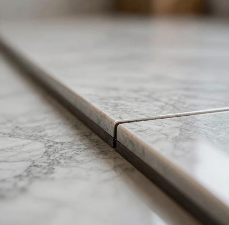 Macro extreme close-up of a high-gloss vinyl floor wrap edge meeting a polished marble border perfectly, clean venue daylight, sharp focus on the flawless seam