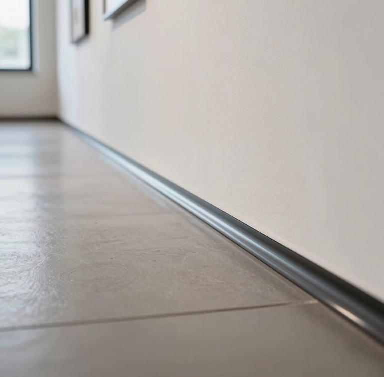 Macro close-up of a seamless, high-gloss vinyl floor wrap edge being perfectly aligned to a gallery wall, bright clean venue daylight