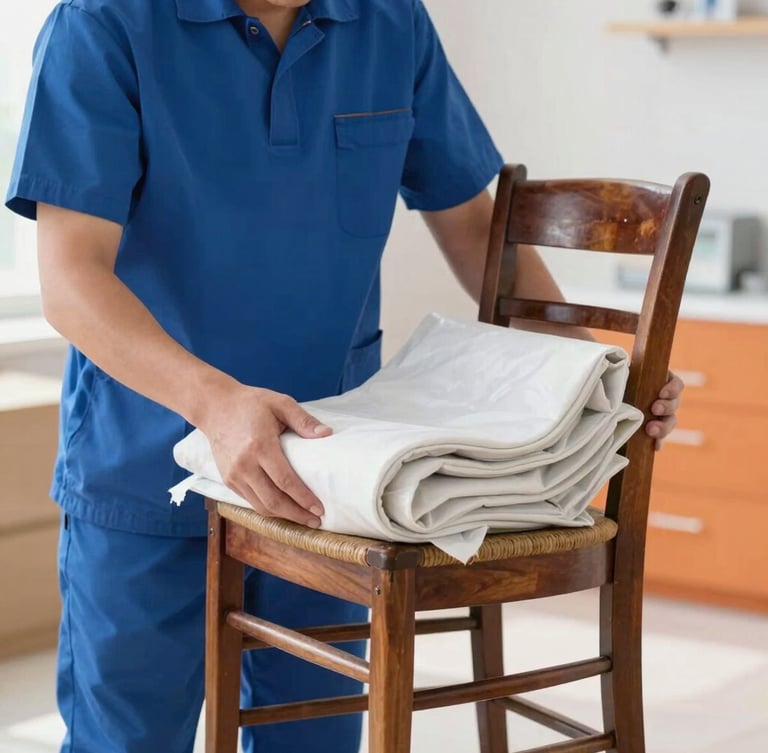 A professional packer in a clean uniform carefully securing a protective blanket around a vintage wooden chair, bright natural light.