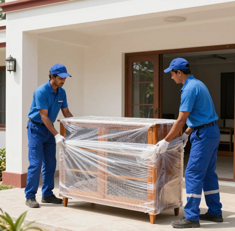 Bright daylight photography of professional movers in clean uniforms carefully wrapping a wooden cabinet with multi-layer protective bubble wrap in a Mysuru home.