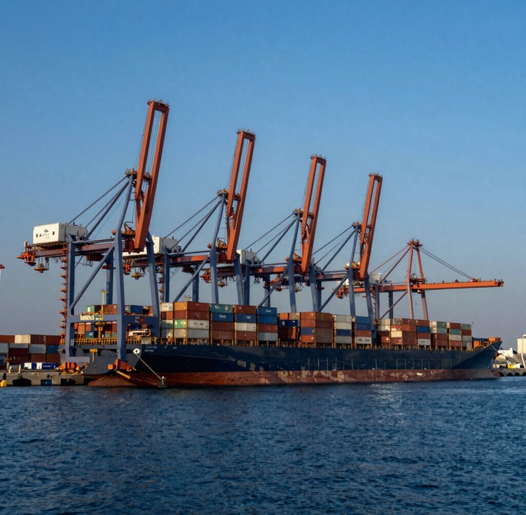 Wide panoramic view of Sohar Port at blue hour, towering industrial cranes, massive container ship docked, deep blue maritime water, dramatic shadows.