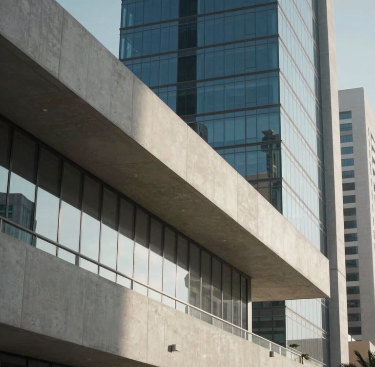 Close-up shot of architectural concrete and glass of Muscat's modern business district under sharp morning sunlight, dramatic shadows, clean structural lines