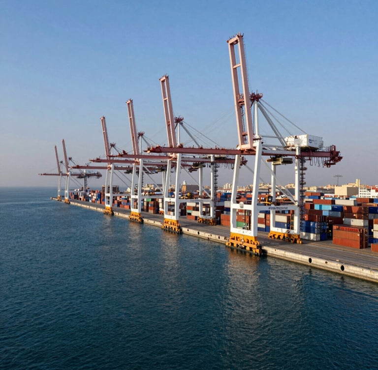 An epic wide-angle shot of the modern container terminal at the Port of Sohar during blue hour, high-contrast lighting with deep blue water and crisp white crane structures, generous negative space on the left.