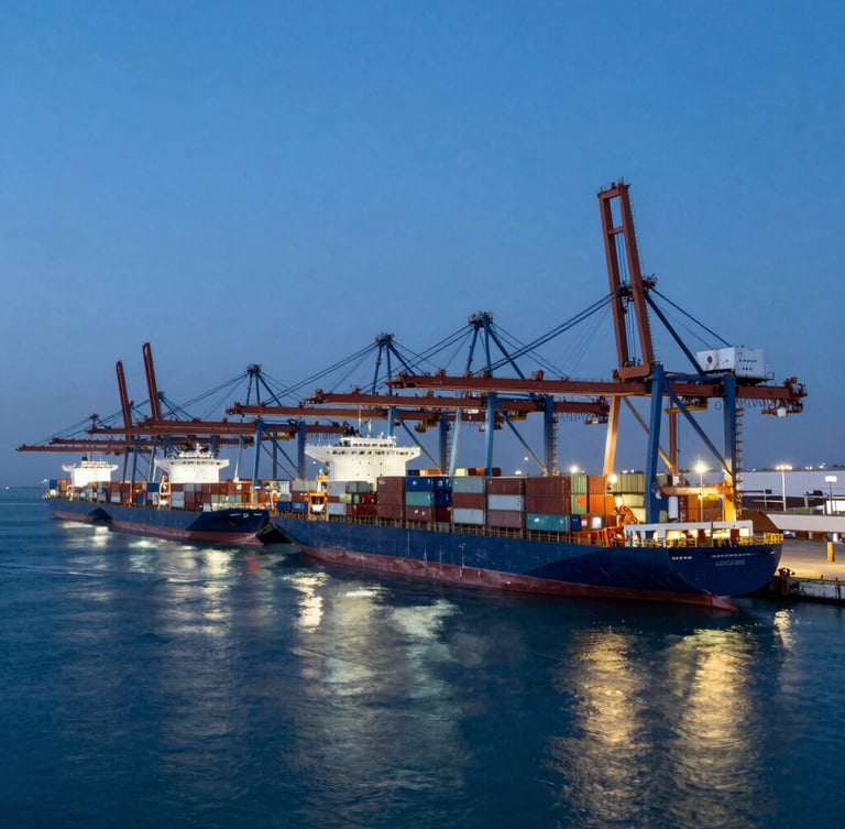 Wide panoramic view of Sohar Port at blue hour, massive container ships docked alongside towering cranes, deep blue water reflecting industrial lights, clear sky, highly structured composition.