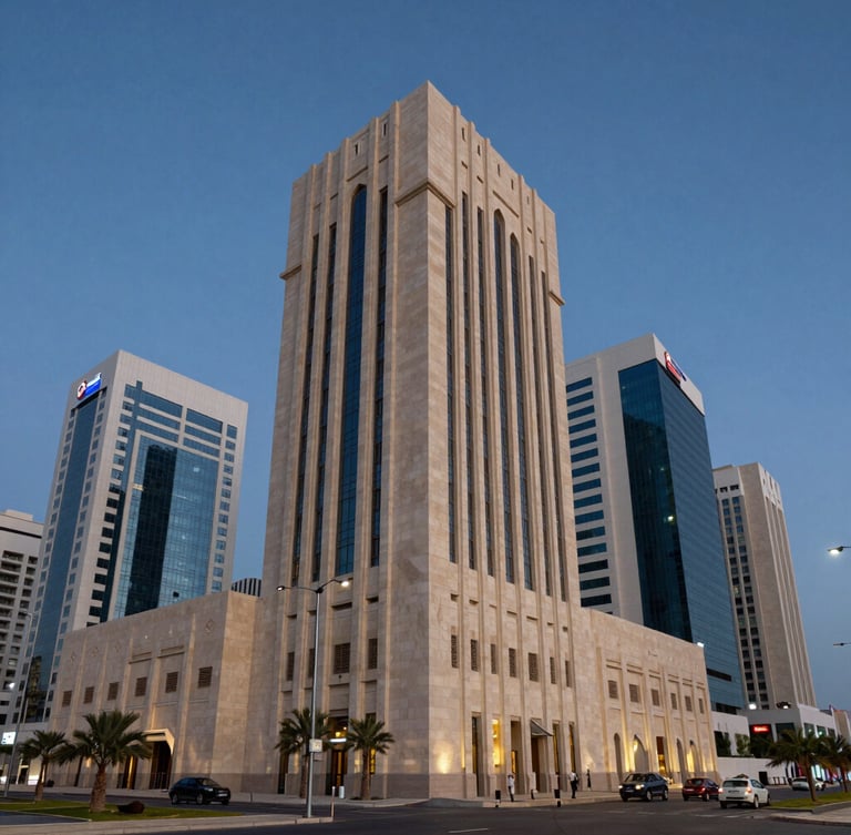 Wide-angle architectural view of Muscat's modern business district at blue hour, sharp geometric shadows, clean sandstone facades, professional and authoritative tone.
