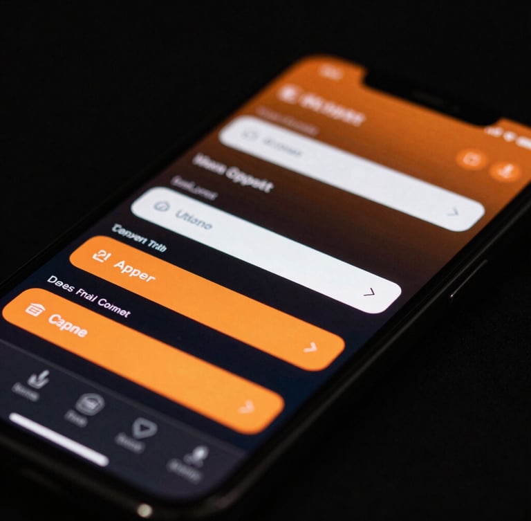 Macro shot of a dark smartphone screen displaying a streamlined upload form, glowing orange interface elements, sharp focus on digital inputs, high contrast studio lighting