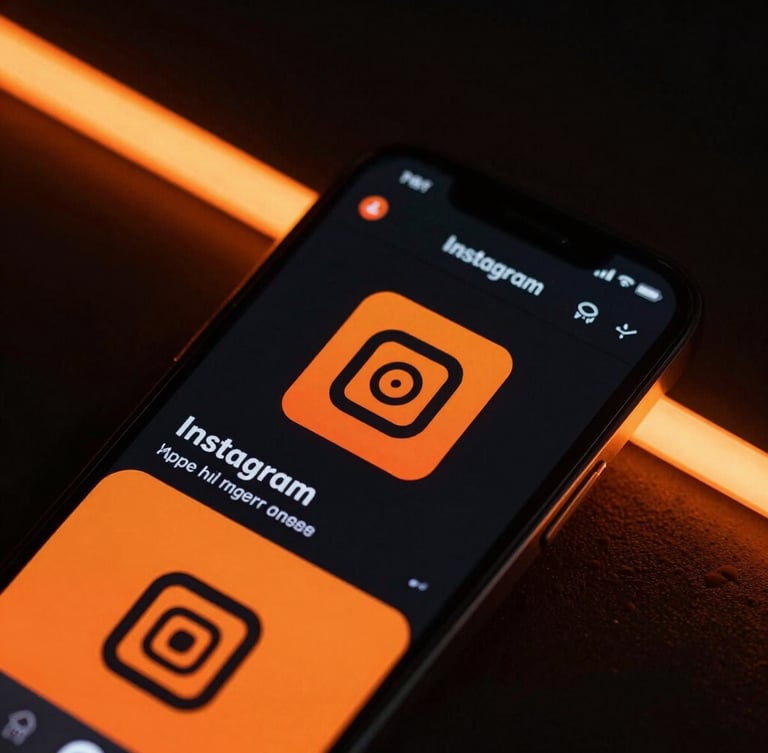 Macro shot of a high-definition smartphone mockup displaying an active Instagram feed, featuring high-contrast black and electric orange layouts, crisp geometric typography, dark mode UI styling, dramatic studio lighting with neon orange highlights.